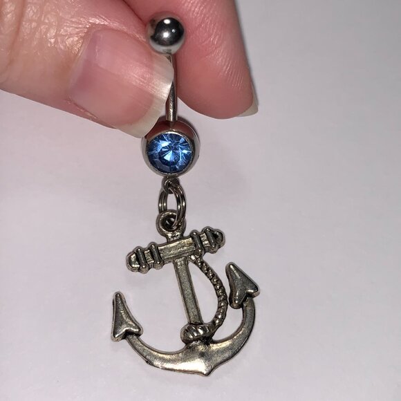 Large Anchor with Rope and Light Blue Gem Dangle Belly Ring - Picture 9 of 16
